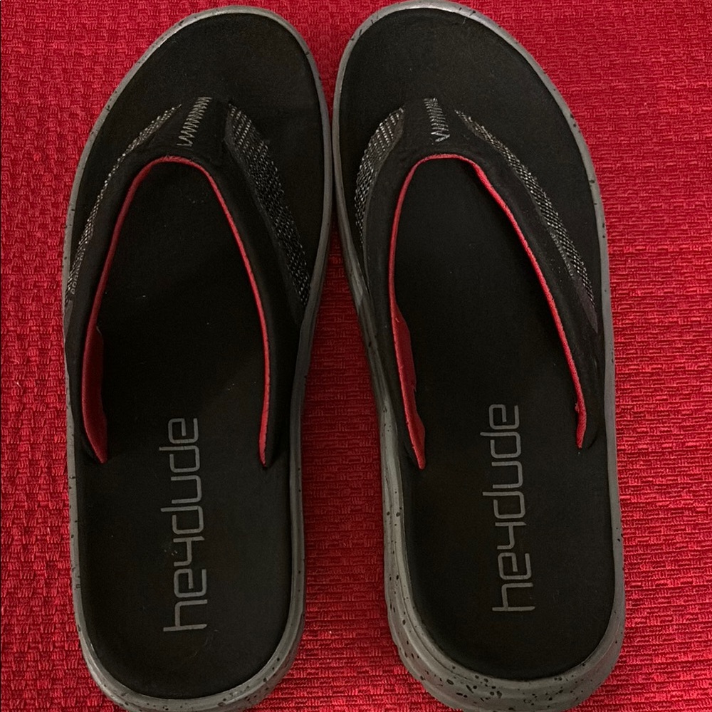 Hey Dude Black and Red Flip Flops